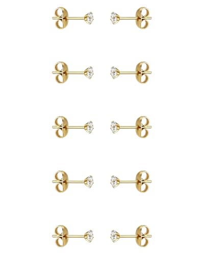 5/10 Pairs Silver Gold Small Stud Earrings Set Surgical for Women | 2 mm 0.08" Cubic Zirconia, 14K Gold Plated 316L Stainless Steel, Hypoallergenic, CZ Multiple Piercing Earring - color: Gold-5 pair/2mm