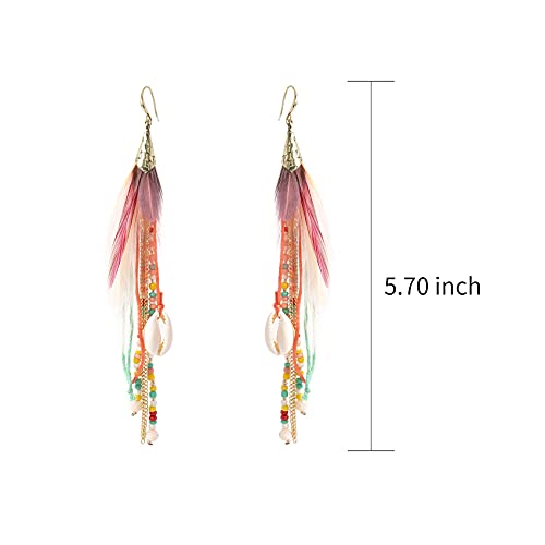 Bohemian Feather Dangle Earrings for Women with Shell Beads Long Tassel Design Drop Earrings - style: Style-Colorful