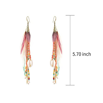 Bohemian Feather Dangle Earrings for Women with Shell Beads Long Tassel Design Drop Earrings - style: Style-Colorful