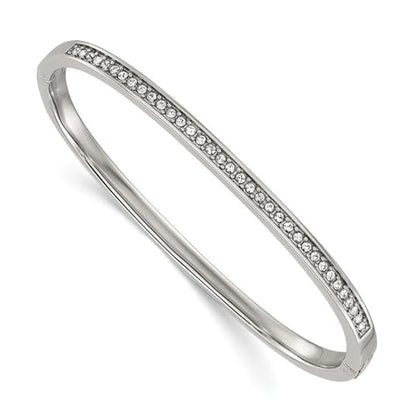 Diamond2Deal Chisel Stainless Steel Polished with Crystals Hinged Bangle Bracelet 4mm 7" Bangle Bracelet