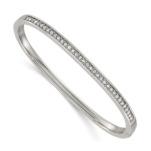 Diamond2Deal Chisel Stainless Steel Polished with Crystals Hinged Bangle Bracelet 4mm 7" Bangle Bracelet