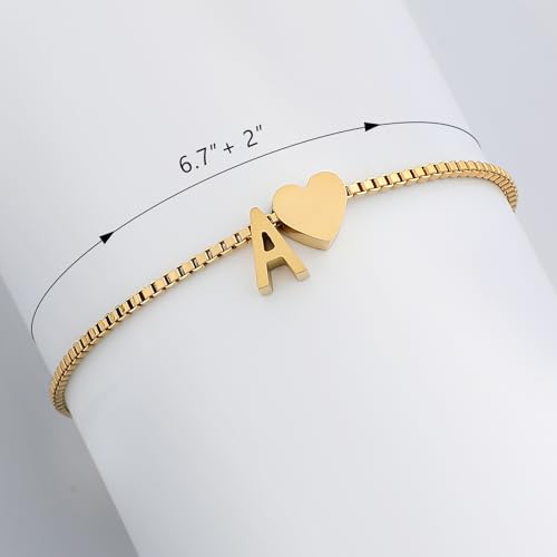 Gold Initial Bracelet for Women Dainty Personalized Name Bracelet | 14K Gold Plated, Letter A-Z Bracelet, Tiny Gold Initial Cute Heart Bracelet Jewelry Gift - color: A