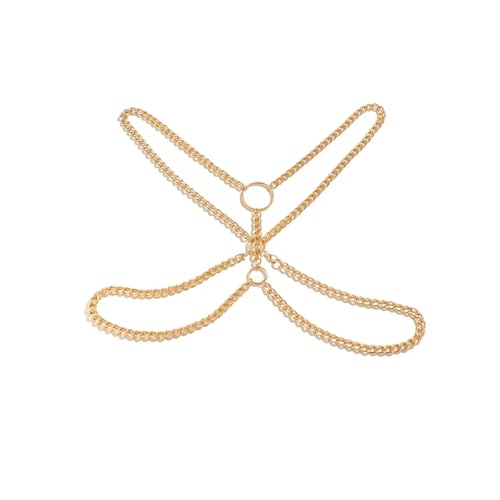 Punk Metal Link Chain Bra Body Jewelry Sexy Long Crossover Harness Circle Body Chain Festival Bikini Waist Chain Body Jewelry for Men Women - color: Gold
