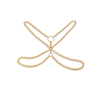 Punk Metal Link Chain Bra Body Jewelry Sexy Long Crossover Harness Circle Body Chain Festival Bikini Waist Chain Body Jewelry for Men Women - color: Gold