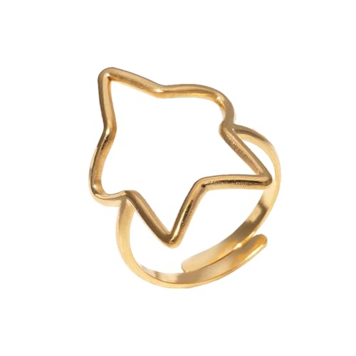 OIDIMS Hollow Lucky Stars Open Statement Rings for Women Adjustable Stackable Wedding Band Knuckle Finger Ring Stainless Steel Minimalist Comfort Fit Good Luck Friendship Promise Jewelry for Her - color: Gold-Tone