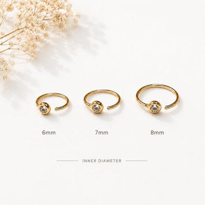 LUCKYJEWUS 14K Gold Plated 925 Sterling Silver CZ Diamond Nose Ring Hoop for Women -Dainty Small Thin Nose Piercing Jewelry with Tiny CZ Stud, 20G/22G, 6mm/7mm/8mm - size: 1pc - 6mm 20 gauge