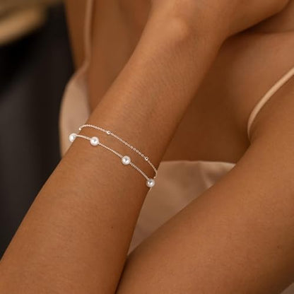 NECOCY 14K Gold Plated Pearl Bracelets for Women, Dainty Bracelets Stack Trendy Pearls Beaded Link Chain Charm Bracelets Set Layered Tiny Wedding Prom Jewelry Gift for Women Mother's Day Graduation - style: Style-1-Silver