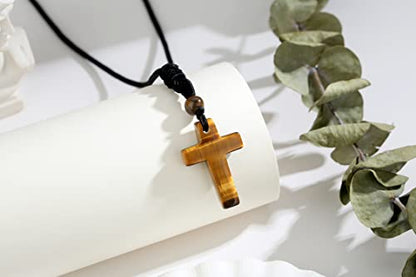QINJIEJIE Cross Crystal Necklace Adjustable Black Rope Natural Gemstone Quartz Stone Necklaces for Men Women Father's Day Gift - color: Yellow - Tiger Eye