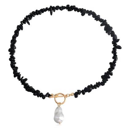 Bohemian Stone Pearl Choker Necklace for Women Dainty Natural Irregular Stone Choker Turquoise Beaded Lariat Necklace Simple Fashion OT Toggle Spiritual Handmade Jewelry - color: Black