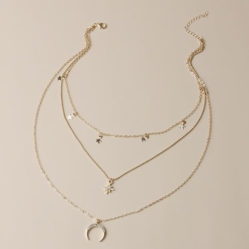 3 Layer Star Moon Pendant Necklace for Women, Gold Layered Crescent Moon Choker, Dainty Y2K Stackable Jewelry