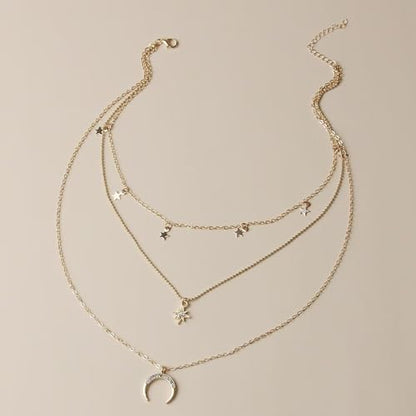 3 Layer Star Moon Pendant Necklace for Women, Gold Layered Crescent Moon Choker, Dainty Y2K Stackable Jewelry