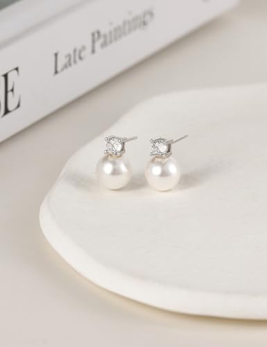 Pearl Earrings for Women 925 Sterling Silver 10MM CZ Pearl Stud | Cubic Zirconia, Dainty Simulated White Pearl Stud Drop Earring, Engagement Wedding Bridal, Hypoallergenic - size: 8MM