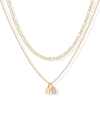 PAVOI Initial Necklace for Women, 14K Gold Plated Double Dog Tag CZ Pendant | Dainty Necklace, Letter Tag Necklace, Cubic Zirconia Pendant, Box Chain Necklace - style: - L