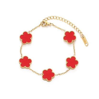 TICVSS Four Leaf Clover Bracelet for Women 18K Gold Plated Stainless Steel Lucky 4 Leaf Gold Link Bracelet Jewelry Gift for Women - color: Red