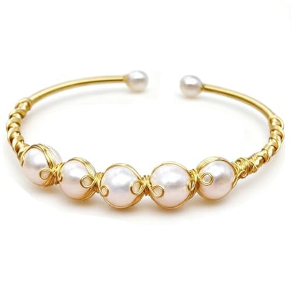Handcrafted Natural Freshwater Baroque Pearl Bracelet,Winding Design,Opening Adjustable,14k Gold Plated Material
