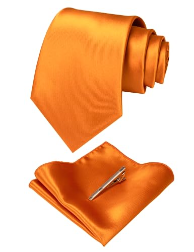 JEMYGINS Mens Solid Color Formal Necktie and Pocket Square, Tie Clip Sets - color: Orange