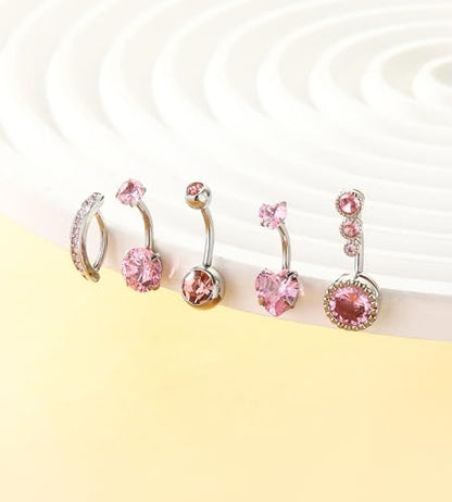 BSJ4U Belly Button Rings Gold Plated Silver Pink Clear CZ Belly Rings for Women Heart Bow Flower Butterfly Teardrop Dangle Navel Belly Button Piercing Jewelry - color: Silver Pink Classic Belly Button Rings