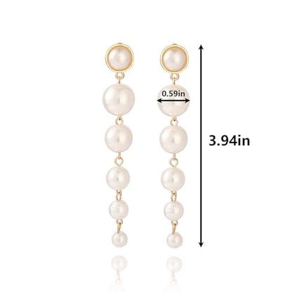 Graduated Pearl Drop Earrings for Women, Elegant Long Linear Tassel Dangle Earrings for Wedding Guest or Bride, Hypoallergenic Formal Party Jewelry