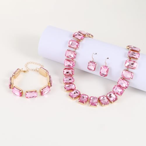 KOSMOS-LI Rectangle Faux Crystal Jewelry Sets Includ Necklace Bracelet Earrings For Women Stocking Stuffers - color: pink