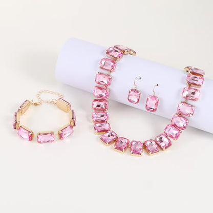 KOSMOS-LI Rectangle Faux Crystal Jewelry Sets Includ Necklace Bracelet Earrings For Women Stocking Stuffers - color: pink