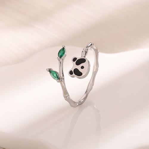 Adjustable Leaf Stackable Rings for Women Cubic Zirconia Stones Blue Leaves Purple Flower Open Band Stacking Finger Sliver Rings Fashion Plant Floral Aesthetic CZ Jewelry - color: bamboo panda
