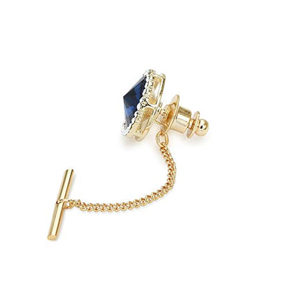 Men's Classic Round Crystal Men's Tie Tack Gold Color Tie Tack Clutch Back Fashion Necktie Tack Pin with Chain Crystal Lapel Pins Brooch - color: Royal Tie Tack