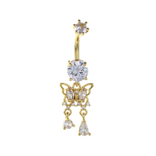 Butterfly Tassel Belly Button Ring 14G Stainless Steel | CZ Crystal Dangle Navel Barbell, Body Piercing Jewelry for Women