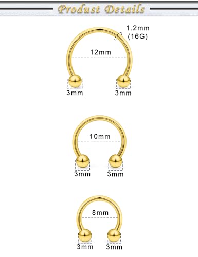 6PCS Septum Rings 18G Stainless Steel Nose Septum Ring Horseshoe Earring Eyebrow Lip Smiley Piercing Jewelry for Women Men Inner Diameter 8mm/10mm/12mm - color: goldtone,ball closure