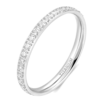 TIGRADE 2mm Women Titanium Eternity Ring Cubic Zirconia Anniversary Wedding Engagement Band Size 3-13.5 - color: Silver
