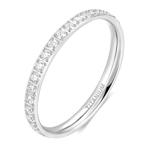 TIGRADE 2mm Women Titanium Eternity Ring Cubic Zirconia Anniversary Wedding Engagement Band Size 3-13.5 - color: Silver
