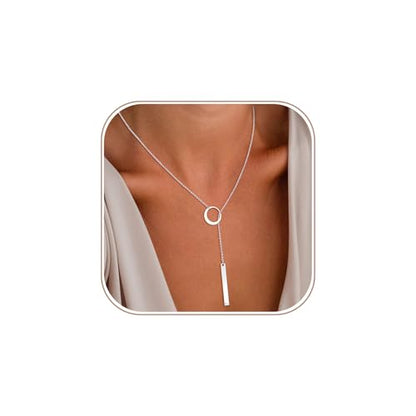 Lariat Gold Necklaces for Women Trendy Dainty Long Necklace 14k Gold Plated/Silver Layered Drop Beaded Chain Necklaces Y-shaped Pendant Necklace Simple Gold Jewelry Gifts - color: 18"+2" Bar Circle-Silver