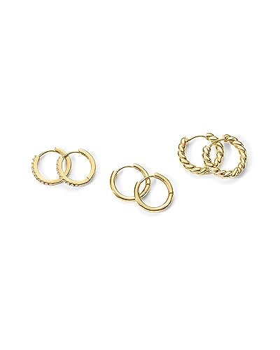 PAVOI Gold Hoop Earrings for Women - 14K-18K Yellow Gold Plated 925 Sterling Silver - Hypoallergenic 3-Pair Small Hoop Earings Set with Cubic Zirconia - Rope Teardrop & Chunky Huggie Styles Earscape Piercings - style: Cubic Zirconia
