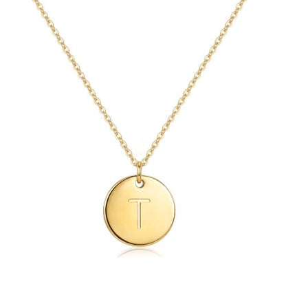 Bemoly Initial Necklace for Women Round 11MM Coin Disc Double Side Engraved Letter A-Z Hammered Pendant 14K Gold Plated Personalized Alphabet Birthday Jewelry 17.5" - style: T