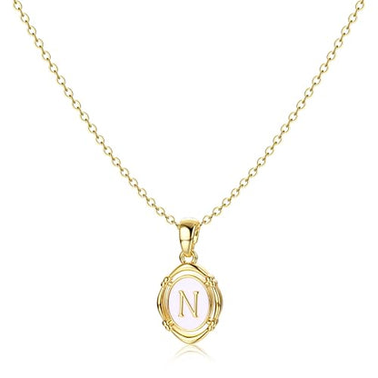 14K Gold Plated Initial Necklaces for Women, Letter Charm Pendant Necklace | Dainty Oval White Enamel Personalized Name Necklace, Trendy Jewelry with 16 inches Chain and 2 inches Extender - color: N