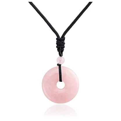 Jovivi 30mm Circle Donut Healing Crystals Necklace Natural Semi-Precious Chakra Gemstone Stone Amulet Lucky Coin Donuts Charm Protection Quartz Reiki Pendant Necklace for Men Women Adjustable Rope - color: Rose Quartz Crystal