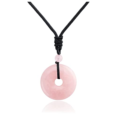 Jovivi 30mm Circle Donut Healing Crystals Necklace Natural Semi-Precious Chakra Gemstone Stone Amulet Lucky Coin Donuts Charm Protection Quartz Reiki Pendant Necklace for Men Women Adjustable Rope - color: Rose Quartz Crystal