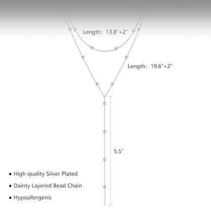 HERIER Lariat Gold Necklace for Women, Dainty Long Necklace 14k Gold Plated/Silver Y-Shaped Layered Beaded Chain Drop Necklaces for Women Trendy Simple Gold Jewelry for Women Gifts - color: Y Layered Bead Necklace-Silver