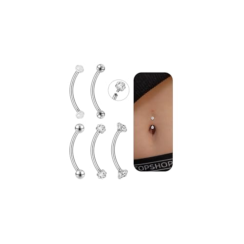 14G Small Belly Button Rings for Women 316L Stainless Steel | Tiny Internally Threaded Navel Rings, Rook Piercing Jewelry, Eyebrow Rings, Hypoallergenic Curved Barbells, 6-16MM, 5PCS - color: 14G/14MM Bar/Silver