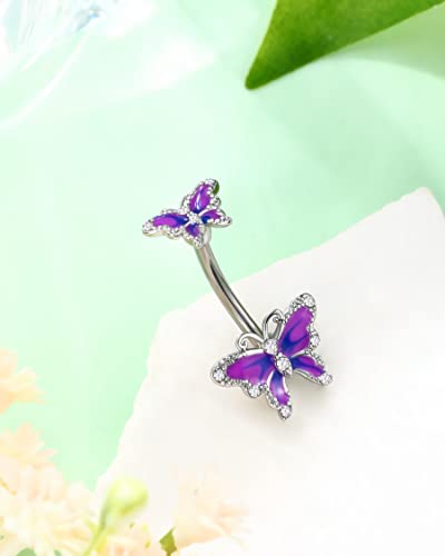 Jewseen Butterfly Belly Button Ring Surgical Steel 14G Belly Ring Purple Navel Piercing Jewelry Curved Barbell Belly Piercing Jewelry for Women
