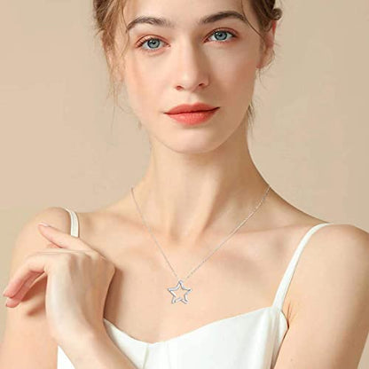 Sterling Silver Crescent Moon Star Necklace Cubic Zirconia Jewelry for Teen & Women Ladies Dainty 18" Chain - color: Star