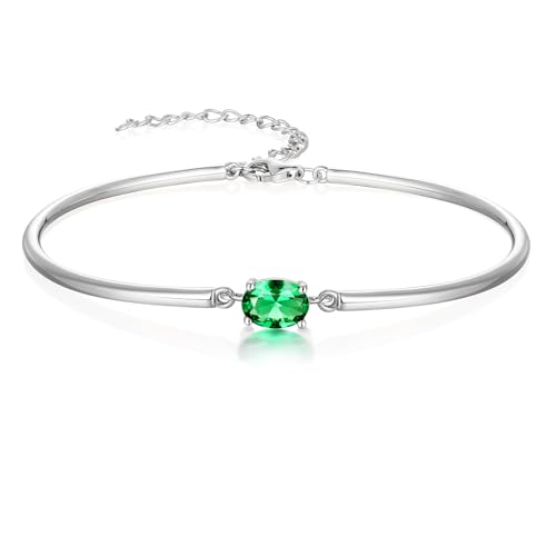 Moissanite/Sapphire/Ruby/Emerald Cuff Bracelet 1 Carat Oval Cut Center Stone Inlaid 925 Sterling Silver 14K Gold Plated Adjustable Birthstone Bangle for Women fit Wrist 5-7.5 Inch - color: Emerald Silver