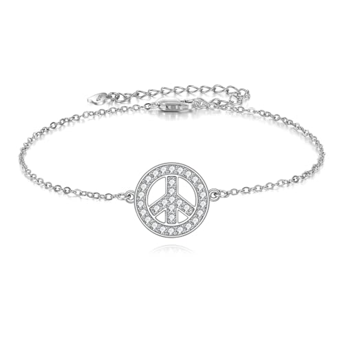 925 Sterling Silver Anklet Foot Bracelet with Crystal from Austria, Anklet Jewelry Gifts for Women 11 Inch Adjustable - style: Peace Sign