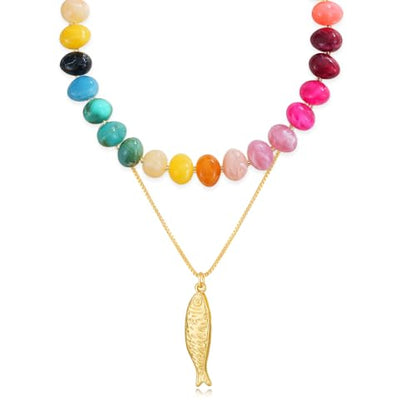 YUJIE Chunky Heart Pendant Necklace for Women- Exaggerated Statement Puff Heart Necklace with Acrylic Beaded Chain - color: B-Multi colour-fish
