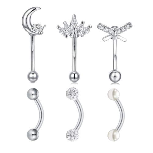 AVYRING 16g Rook Piercing Jewelry Gold Silver Eyebrow Rings Curved Barbell Daith Earrings for Women Horseshoe Septum Hoop Helix Earrings Surgical Steel Belly Button Rings Vertical Labret Lip Jewelry - style: B1- 6pcs- silver