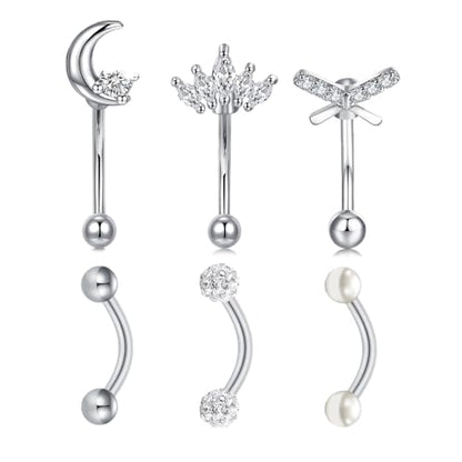 AVYRING 16g Rook Piercing Jewelry Gold Silver Eyebrow Rings Curved Barbell Daith Earrings for Women Horseshoe Septum Hoop Helix Earrings Surgical Steel Belly Button Rings Vertical Labret Lip Jewelry - style: B1- 6pcs- silver