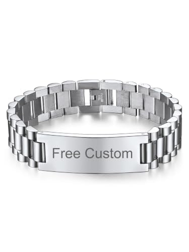 ChainsHouse Men Stainless Steel Bracelet Adjustable Custom ID Engraved Gift | Personalized Silver/Gold/Black for Birthday Father Husband Boyfriend with Gift Box Adjustable Tool 10mm/15mm/15.5mm 8.3"/8.7" - color: D.15mm Width-Silver-Text Custom