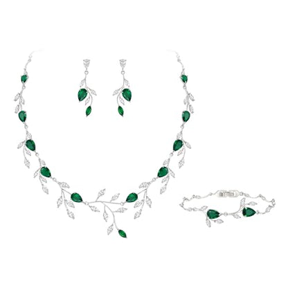 Cubic Zirconia Leaf Vine Wedding Jewelry Set for Bride Women Bridesmaid | Pear-Shaped Birthstone, Necklace Dangle Earrings for Bridesmaid, Silver-Plated-Brass - color: 3pcs_Green