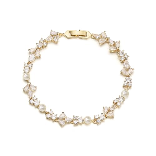 EVER FAITH Cubic Zirconia Pearl Bridal Prom Tennis Bracelet for Women | Elegant Pear CZ Wedding Jewelry Gift, for Bride Bridesmaid - style: Floral_Gold-Plated-Brass