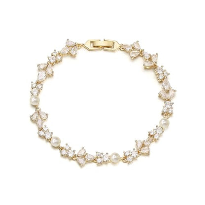 EVER FAITH Cubic Zirconia Pearl Bridal Prom Tennis Bracelet for Women | Elegant Pear CZ Wedding Jewelry Gift, for Bride Bridesmaid - style: Floral_Gold-Plated-Brass