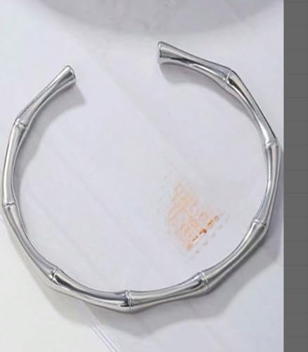 Adjustable Silver Bamboo Bracelet for Women – Stainless Steel Open-Cuff Bangle, Organic Design, Perfect Everyday Jewelry Gift